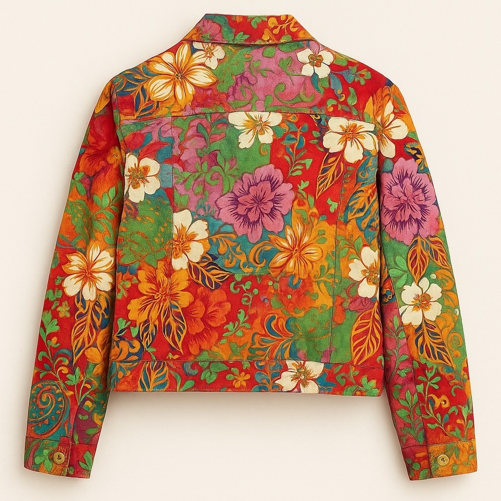 Coldwater Creek Womens Y2K Retro Multi Hibiscus Patchwork Zip Jacket EUC L #2113 - Picture 5 of 11